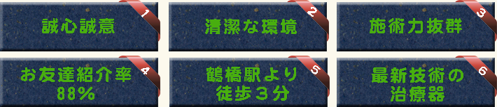 ①誠心誠意。②思いやり。③施術力抜群。④再院率88%。⑤鶴橋駅から徒歩３分。⑥最新技術の治療器。